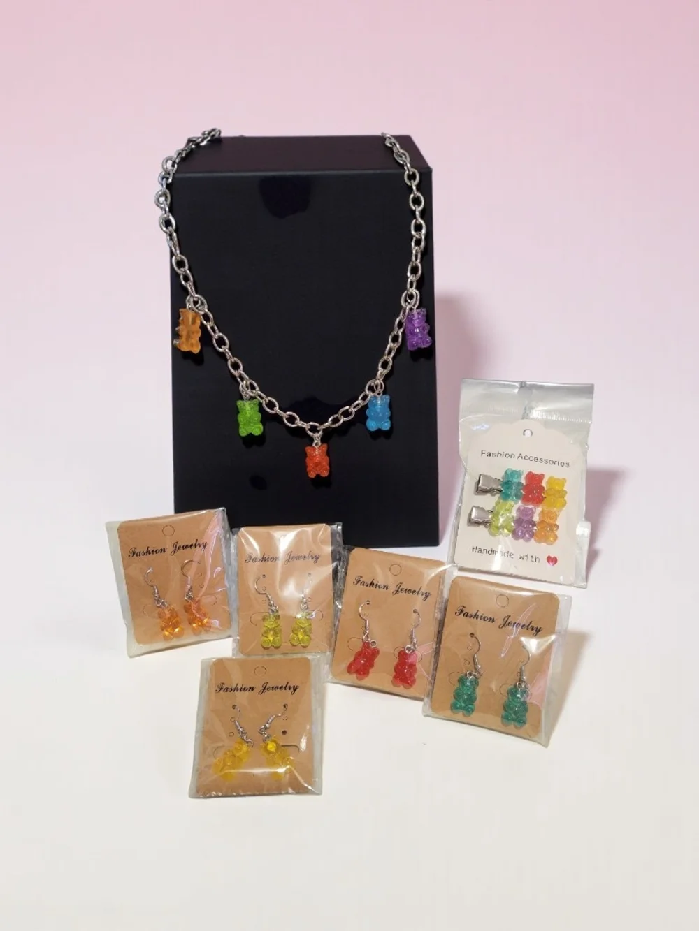 Colorful Gummy Bear Charm Necklace with Matching Earrings Set